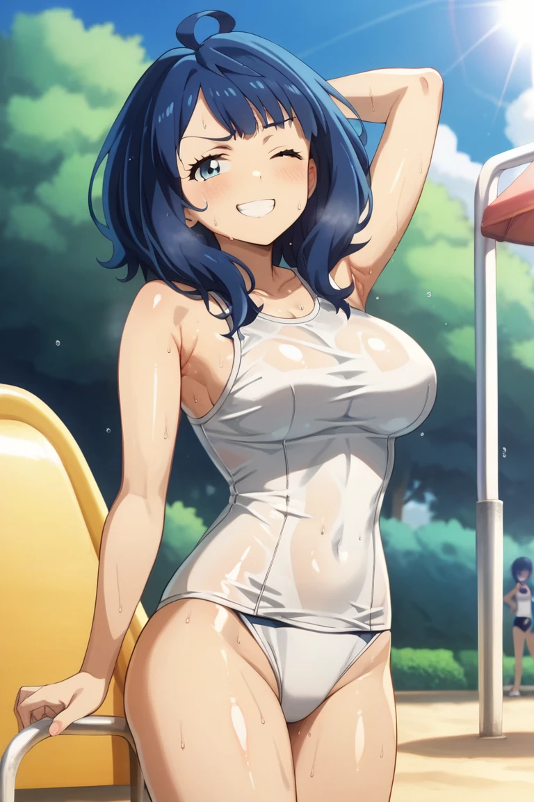 yanamianna, medium hair, ahoge,blue hair,blue eyes, large breast, (school swimsuit:1.2), white swimsuit, (sweat, shiny skin:1.4), smug face, smile, (closed one eye:1.2), wink, one hand behind head, armpit, another hand on hip, looking viewer, from front, public park, playground equipment, slide, sunshine, summer days, wide shot, (masterpiece, best quality, high resolution, ultra-detailed:1.3), perfect fingers, detailed background, anime