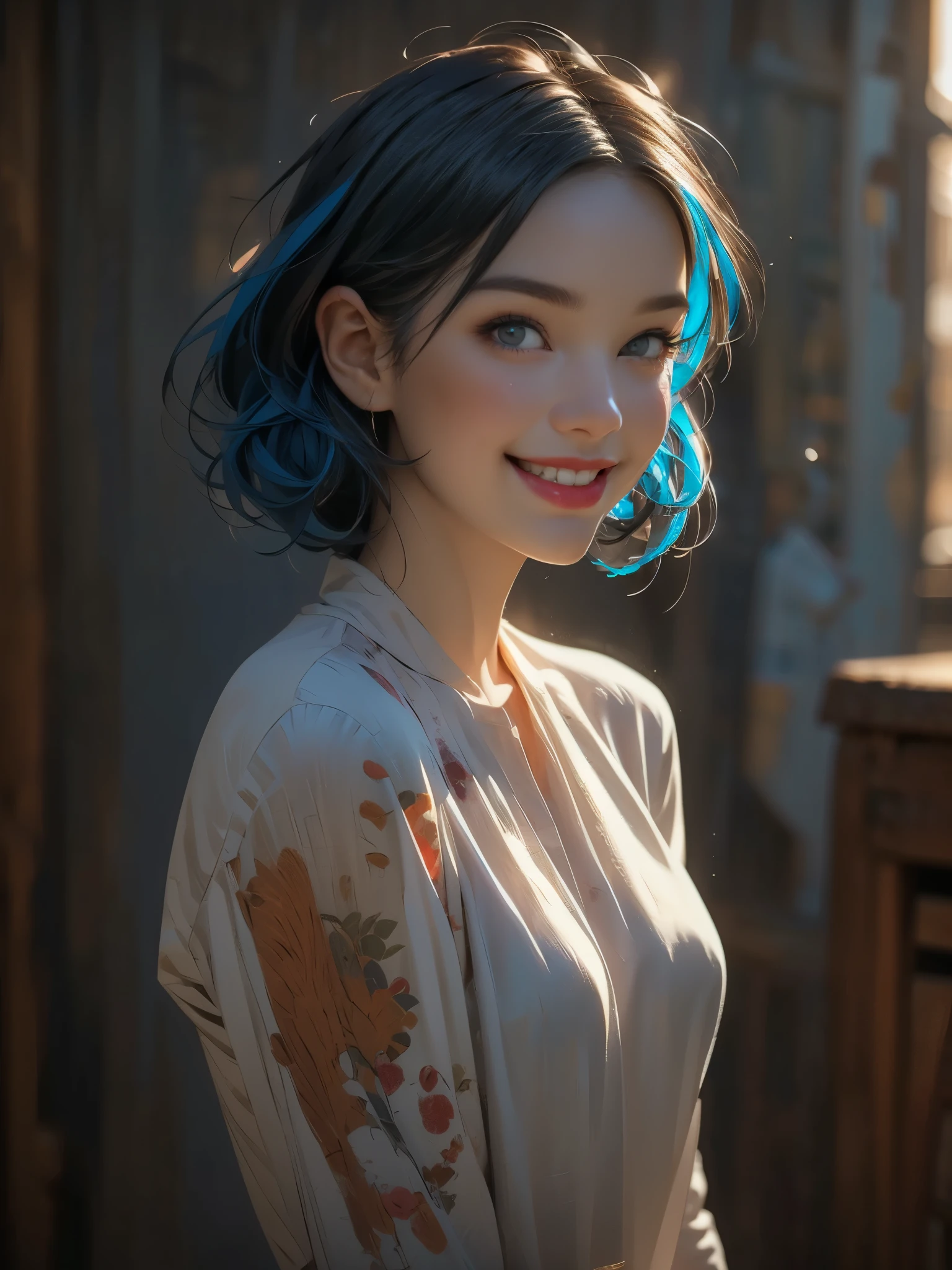 1girl, beautiful face, perfect eyes, round pupils, red lipssimple background, by Adam hughes, upper body centered, blue hair, happy smile, 8k amazing details, volumetric lighting, soft lighting, romantic lense