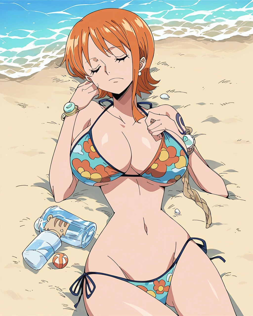  score_9,  score_8_up,  score_7_up,  score_6_up, sauce_Anime, Anime_ style , 2D, , Nami shortcut、Nami、 orange hair 、 one piece ,  beach ,  1 girl,  Big Breasts ,  bikini,   shorthair , The sunlight is dazzling、 beach パラソル　Middle-aged man　Sneaking up　Harassment　　Middle-aged manが尻をつかむ　A man approaches　Lying down　腹を地面につけ背中を見せてLying down　Lie down with your sleeping 　Sleeping　Deep asleep　 man grabs chest 　Group　Sleep sexual harassment 　 Full Body View 