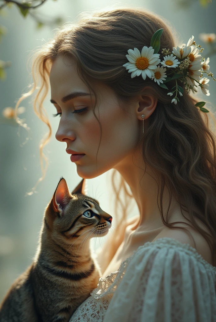 Create a 9:16 image of (cat) & (woman)
