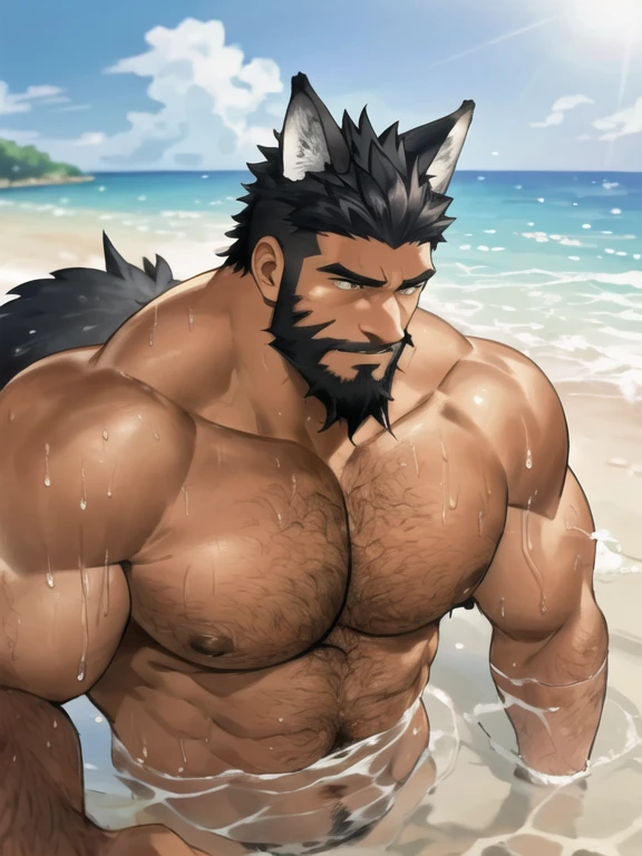 (4K resolution, realistic), bara, man with beard, half-wolf half-human, human appearance with wolf ears and tail, naked, strong muscles, confident expression, beach setting, sunny day, waves, lifeguard tower, sunglasses, sunscreen, whistle, rescue buoy, high energy, alert, muscular physique, wolf-like agility, protective instincts, tan skin, wet hair, athletic build. he has black hair and hairy. He has a faded mohawks and bushy beard, and have a big black wolf tai, he has short hair , and hes is naked, ONLY black tail, NO PONYTAIL, show dick, bushy private part, penis match main color skin