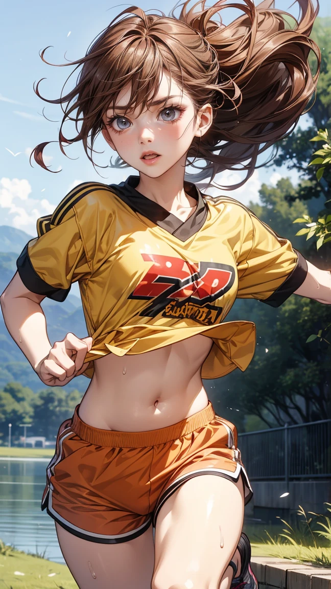 8k、top-quality、  super high definition  、 ultra-detailed、 anime-like 、  super high definition  、brown hair, brown eyes、moving、 shorts 、Riverbank、 marathon、sweat、run、belly button、Fluttering Hair、