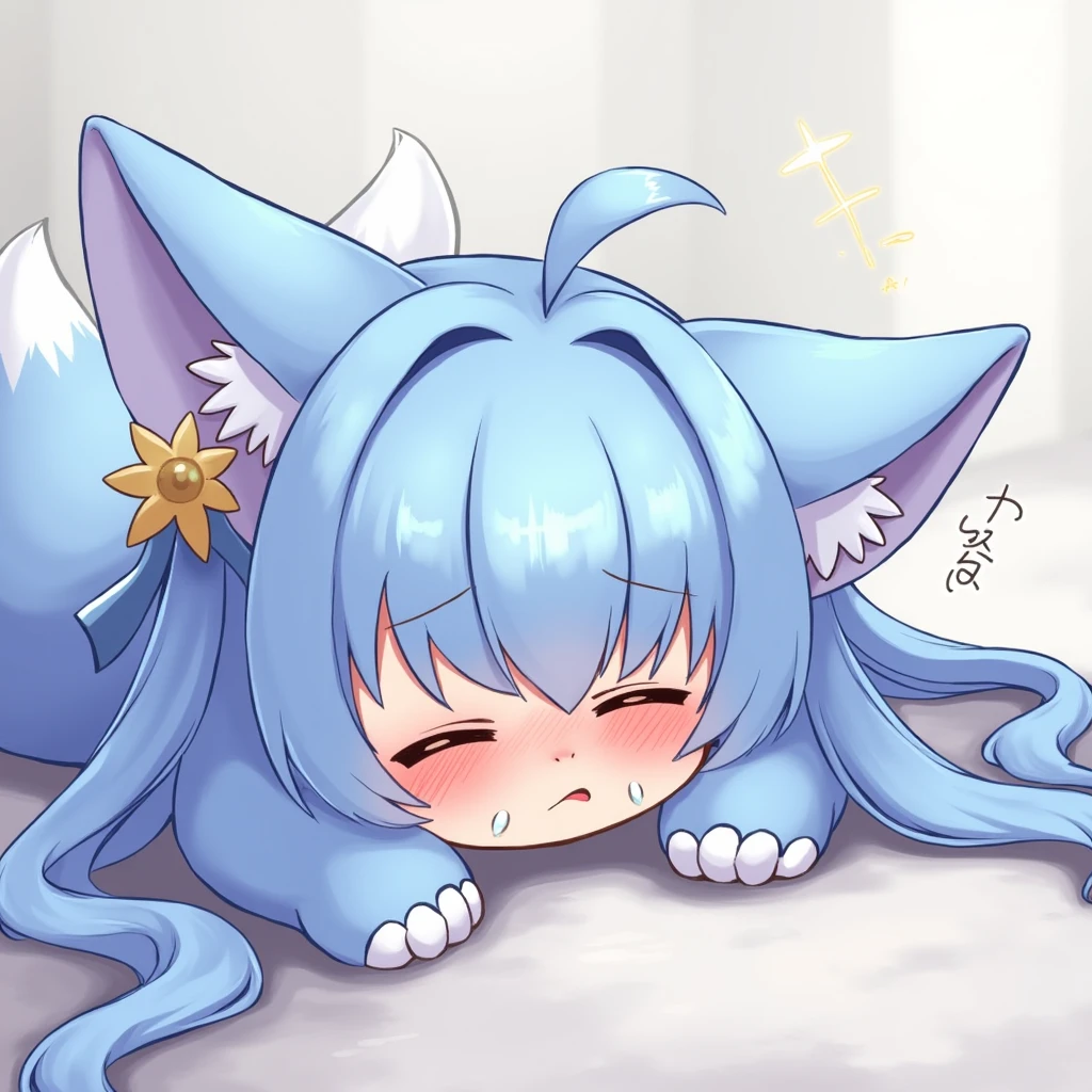 Blue-haired fox girl, sobbing on the floor , blue hair, High resolution, pointed ears , long hair , , Large , Fox ears , blush, eyes closed , boca cerrada, Tears, shy, crying, throw, Hair flower, blurred, animated,