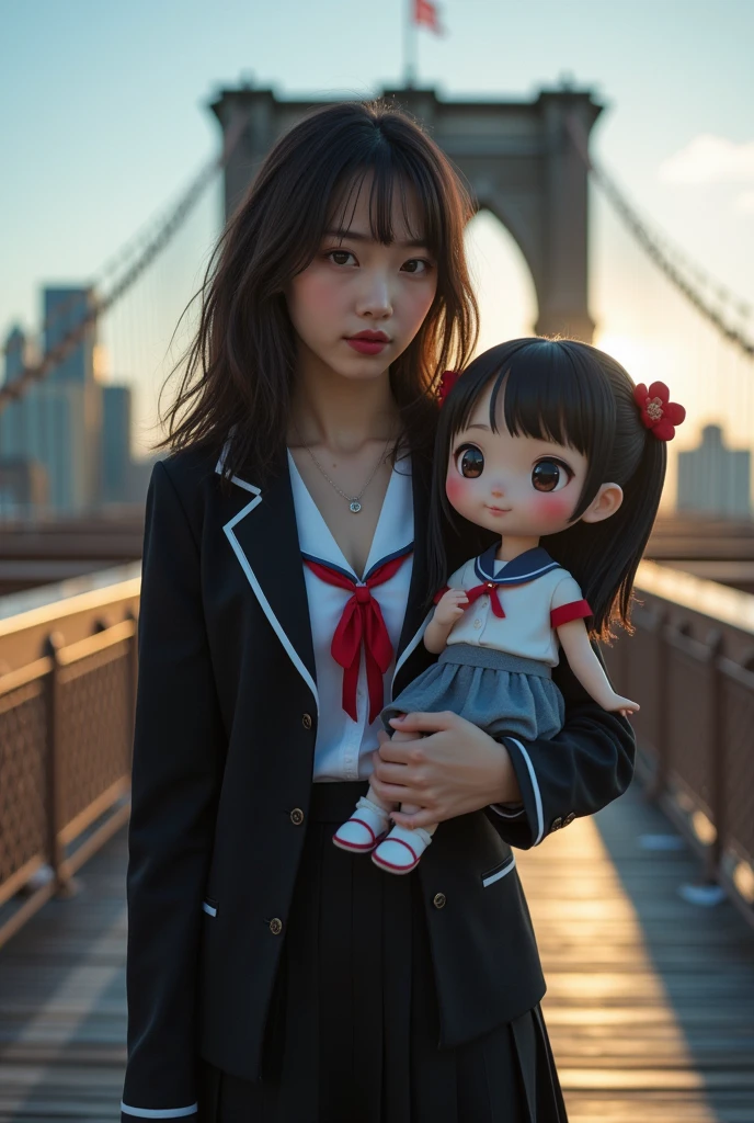 ultra-realistic, photorealistic, dramatic scene, shadow, global-illumination, solo, (teenage Japanese famous idol girl:1.5), very beautiful fragile Japanese girl, very beautiful with very cute but boyish cool face, (very large breasts), slim waist, moles, detailed face skin texture with moles, professional lighting, (wearing a gray colored Japanese high school cute uniform of white shirt with blazer and skirt, red ribbon:1.2), (very large breasts), She is standing on the Brooklin bridge in New York, She is holding a very large detailed figure of realistic Chibi-anime-girl, 