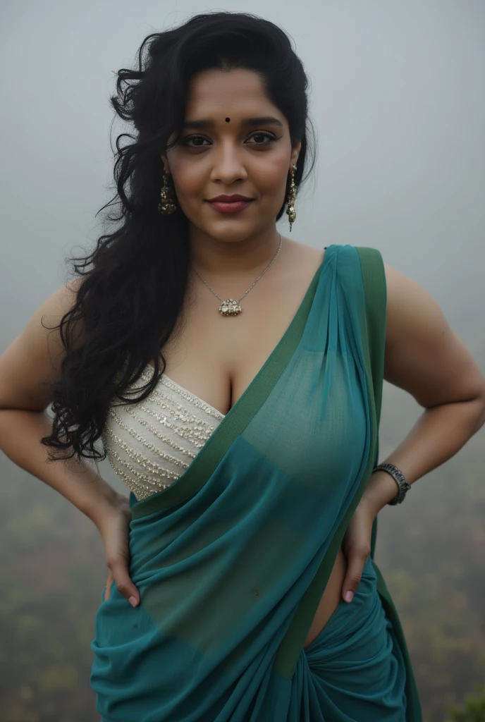 front view, extreme long shot photo of sexy indian, look at viewer and subtle smile, curvy athletic figure, open arms, sexy armpits, sweating, doing push ups in fog, ponytail, necklace, white see through lace bra, blue and green  saree, glossy lips, (cinematic:1.3), intricate details, (ArtStation:1.2)