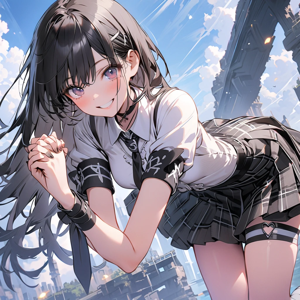 in 8K、top-quality、masterpiece、ultra-detailliert、Ultra-high resolution、((1 persons))、girl with、校服、Braided hair、makeups、plaid skirts、heavy wind、((((Flip the skirt))))、panties on、View of the city