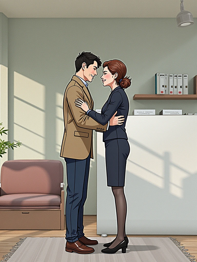 (Lady in women's clothes in office:1.1)、(Middle-aged man in suit:1.1)、(sexual harassment:1.2)、(Full body shot)、(Super beautiful)、(ultra beautiful faces)、(A detailed face:1.5)、(troubled look:1.3)、A miniskirt、(Offices of major companies in Japan:1.1)、(The man hugged her chest:1.5)、(The man hugged her waist:1.5)