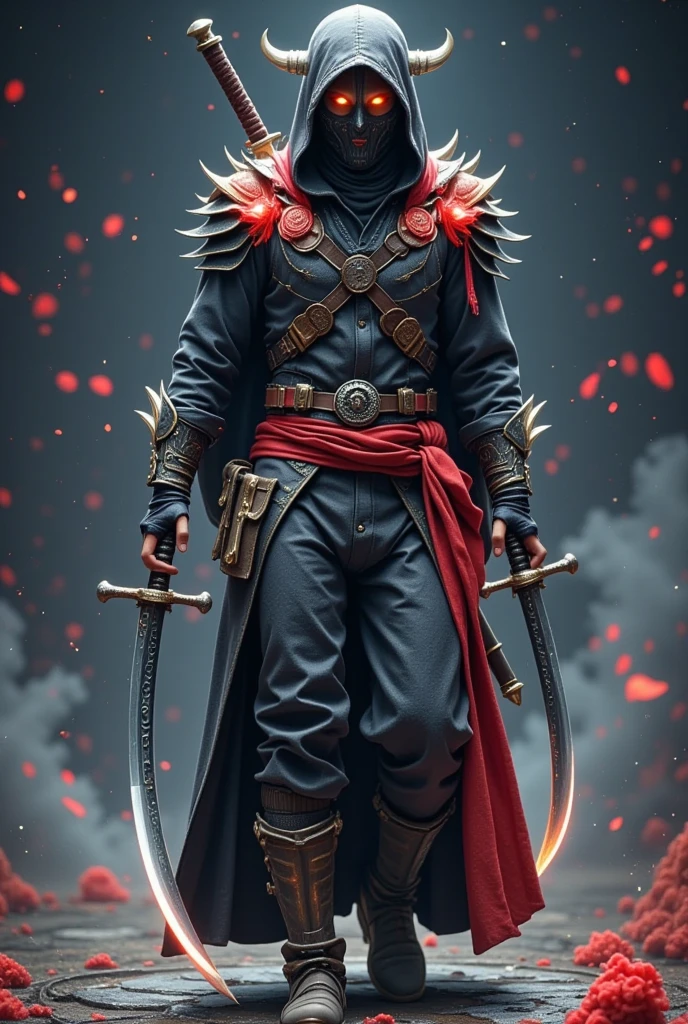 A hyper-realistic and dark, surreal portrait of a masked warrior dressed in shadowy, black attire with red accents, evoking the essence of a mystical assassin or ninja. His face is obscured by a hood and a dark mask, adding an air of mystery and intimidation. The only visible part of his face is his piercing, glowing eyes that hint at both danger and hidden knowledge. The intricate details on his mask and armor convey a sense of ancient craftsmanship and deadly purpose. He wields two katanas with sleek, black blades, each with a subtle red glow along the edges, suggesting the swords are enchanted or stained with blood. His stance is powerful, with one katana held low and another ready at his side, showing a readiness for battle. A blood-red sash is tied around his waist, and his hands are gloved, adding to his stealthy, dangerous aura. The background is shrouded in dark mist, with faint wisps of red smoke swirling around him, enhancing the intense and foreboding atmosphere. Splashes of red, resembling blood, are scattered across the ground, adding a chilling, violent contrast to the dark scene. The overall tone is one of cold intensity and lethal skill, capturing the essence of a master assassin from a mythical, war-torn world. This artwork combines hyper-realistic detail with surreal elements, portraying the subject as a fierce, enigmatic figure from a dark and mysterious legend. Created By Sasan