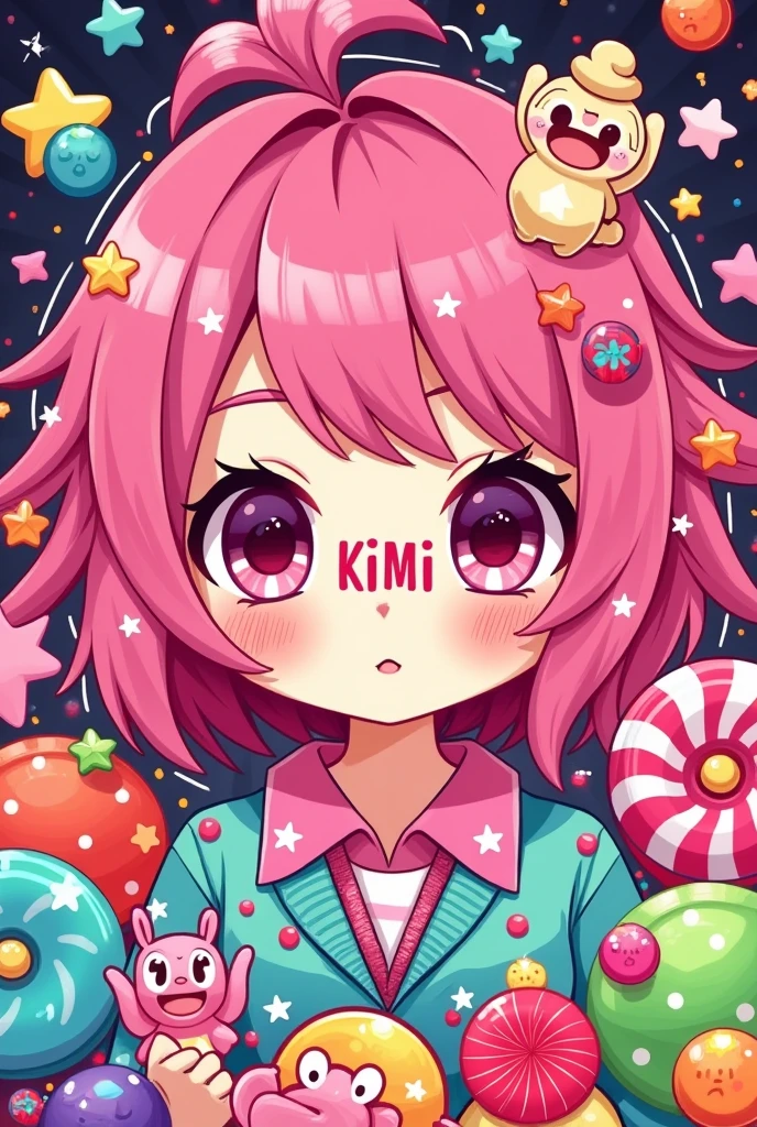 A cute kawaii girl with pink hair and big eyes, surrounded by colorful stars, candy characters, candycore style, bold lines, kung fu pop art, kaiju manga, detailed character design, colorful cartoon illustrations, bold character designs, colorful background, colorful cartoon realism, vector illustration. The word "KIMI" is written in the center of her head, anime aesthetics, kawaiipunk, vector graphics, high resolution, colorful, bright colors, pink color, korean culture, k-pop,