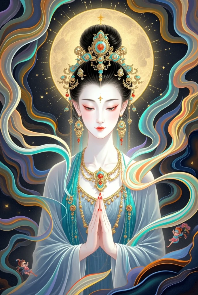 A beautiful goddess with golden clouds and a sky background, wearing a turquoise Hanfu long dress and gold headdress, holding her hands in a prayer pose for a full body portrait in the style of anime art. She wears cyan and has white skin, surrounded by colorful cartoon characters in a cloud punk style with a golden halo around her face.