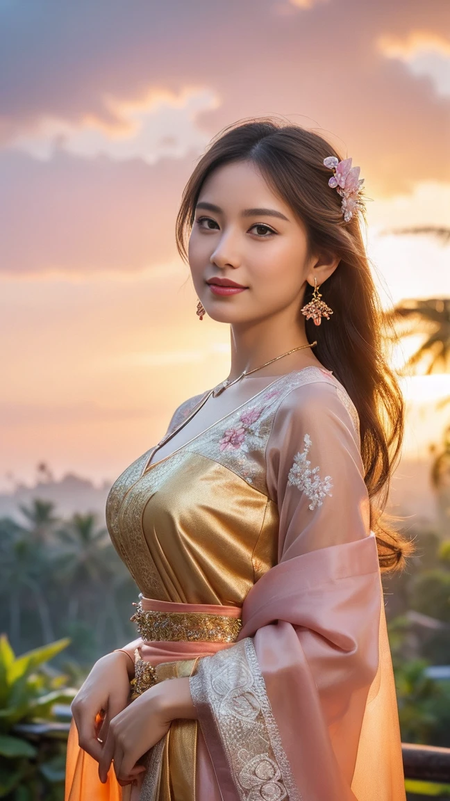 1_Indonesian_girl_face, solo, long_hair, japanese_clothes, black_hair, kimono, headdress, shawl, Very_ Large_breasts, hair_ornament, jewelry, very_long_hair, mountain, cloud, sky, downblouse, very_low_claveage_exposed_half_of_breasts, showing_half_Very_large_breast, (8k, Best Quality, Masterpiece:1.2), (Realistic, Photorealistic:1.37), Ultra Detail, 1 Girl,Cute,Solo,Beautiful Detailed Sky,Date,(Blush),(Smile:1.15),(Closed Mouth)Small Breasts,Beautiful Detailed Eyes,(Long Hair: 1.2),Floating Hair NovaFrogStyle, Upper Body