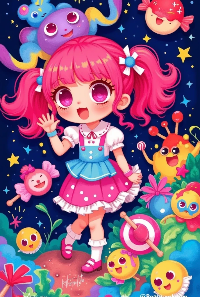 A cute kawaii girl with pink hair and big eyes, surrounded by colorful stars, candy characters, candycore style, bold lines, kung fu pop art, kaiju manga, detailed character design, colorful cartoon illustrations, bold character designs, colorful background, colorful cartoon realism, vector illustration.  anime aesthetics, kawaiipunk, vector graphics, high resolution, colorful, bright colors, pink color, korean culture, k-pop,