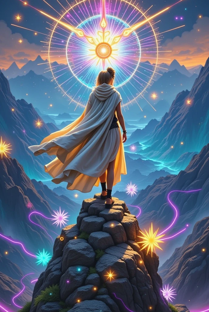 A person with a mask and hooded cloak on a mountain cliff standing confidently looking out with back turned into the distance in an ethereal, glowing space, surrounded by symbols of harmony and balance. The view is radiant and vibrant, with colors symbolizing clarity and strength, as the person looks with confidence. Subtle symbols or light trails around them to represent alignment with a higher reality. Created By Sasan