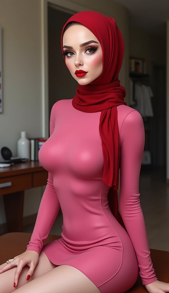 a beautiful asian muslimah woman with beautiful cheeks wears rooster lycra turtleneck unitard catsuit with tail.She always wear rooster lycra dancewear hijab with chicken cockscomb.She reads many books.