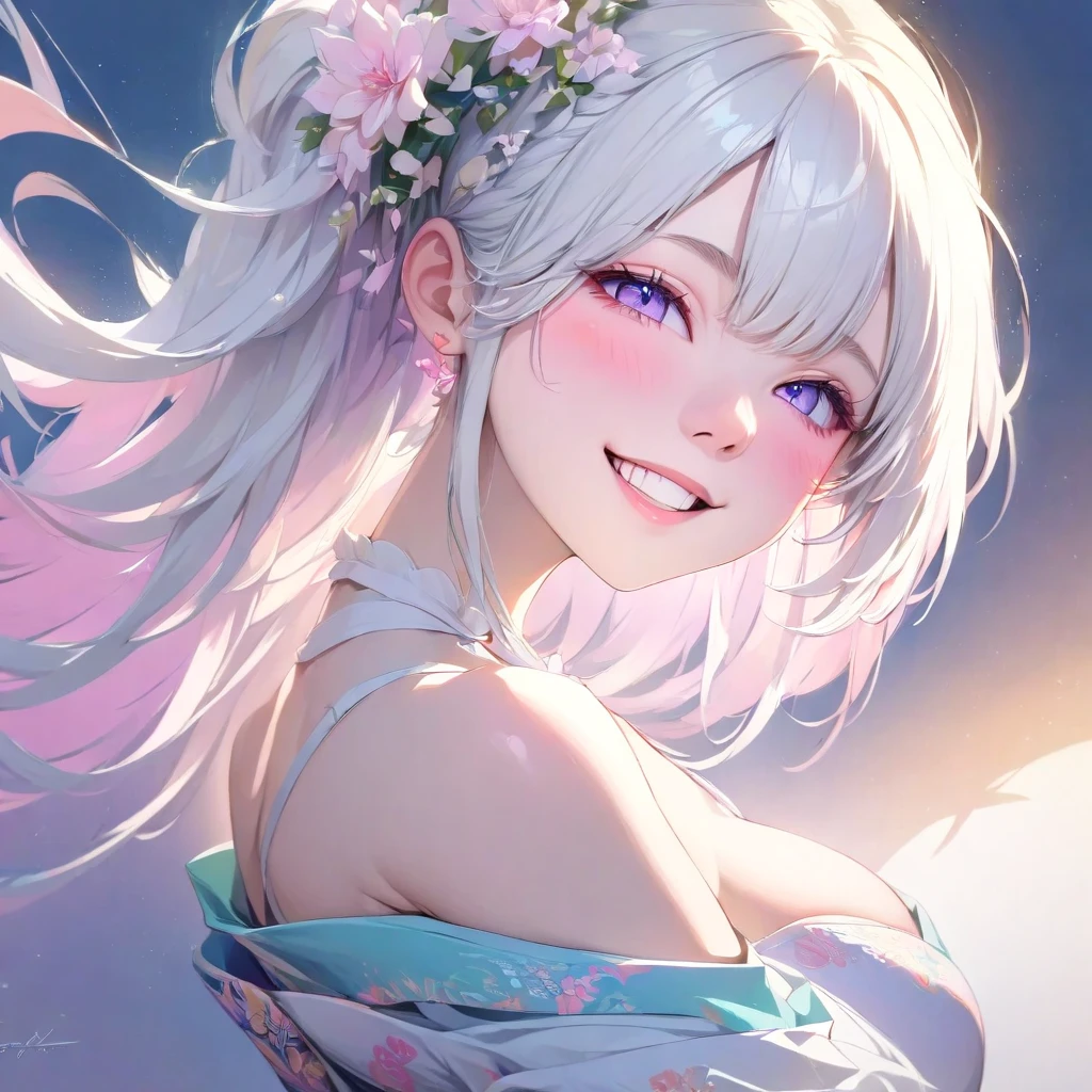 masterpiece, absurdres, ultra detailed, a girl, teenager, glad, delightful, cheerful grin, wink, looking at viewer, detailed skin, detailed face, tall, glamorous, slender, leggy, beautiful breasts, beautiful ass, off shoulder, hakama, Heartwarming Scene, headshot, dynamic angle, bloom, warm lighting, soft lighting, soft colors, subtle coloring