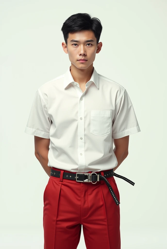 (laki laki) (wear a white school uniform) ( red pants ) (hands cuffed behind the body)