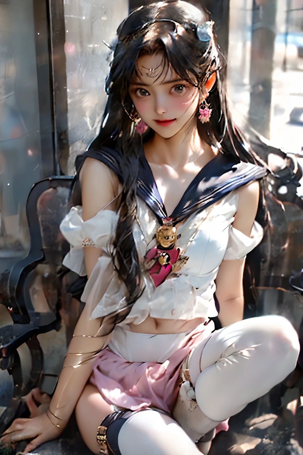 Japanese woman with a viewing angle of、23 years old、 sit on a park bench 、Spread your legs wide 、Moderate bust size、(((Sailor Leotard、 garter belt 、)))、((Exposing Belly and Thighs ))、((Transparent Panty House))、(M-shaped feet:1.5)、Beautiful brown hair、 detailed skin texture , Detailed Fabric Textures , Beautifully detailed face, camera in front of the gauge、Sparkling Eyes、smile、Perfect Ass、 Intricate Details , Super detailed, Soft rays of light、 Movie Lighting、Sparkling Eyes、 Glowing Skin 、Realistic、Perfect Woman、 thin waist、Seductive posture、 Sexy Poses 、 is very delicate and beautiful 、 best quality、 girl with beautiful details wearing a gray blouse、 beautiful eyes 、Face light、Soft light、 Movie Lighting、Outdoor、 head on、pink lace bra、Show off your bra、Pink lace panties、Show off your panties properly、Take off your skirt、、Realistic facial expressions