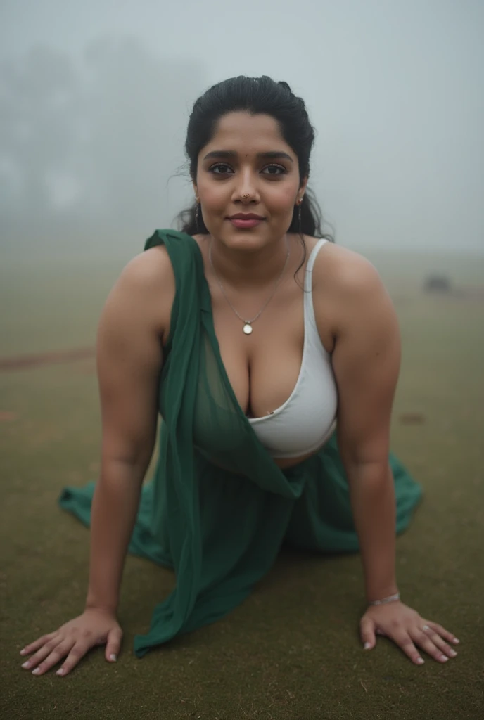 front view, extreme long shot photo of sexy indian, look at viewer and subtle smile, curvy athletic figure, open arms, sexy armpits, sweating, doing push ups in fog, ponytail, necklace, white see through bra opening and green  saree, glossy lips,