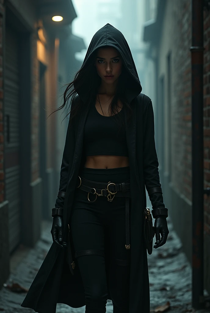 female assassin outfit, skinny, tall, morena skin, black wazy hair, with mask that does not cover all the face