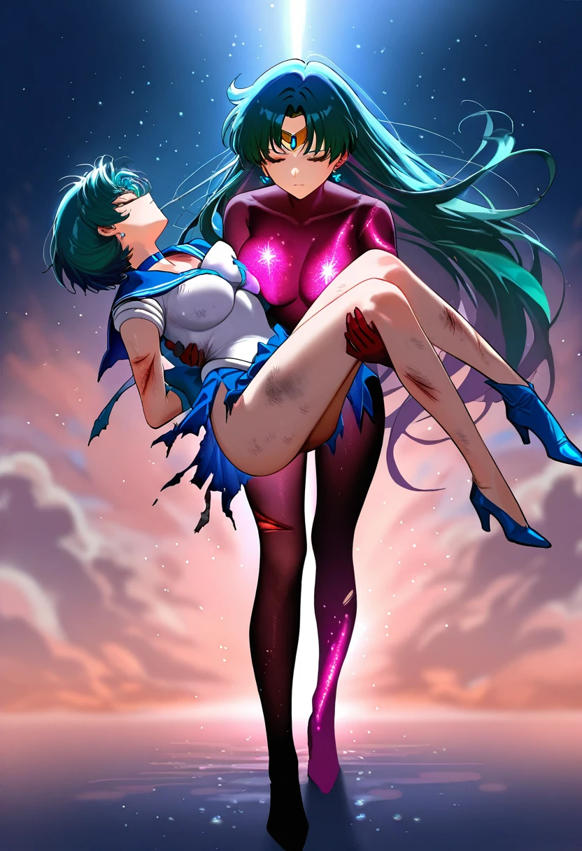 anime, 1 girl, sailor mercury, carried by transparent man, princess carry, (wounded, dirty:1.5), torn clothes, torn skirt, leotard, full body, expressionless, closed eyes, PStyl3, masterpiece, best quality, 8K, (light particles, glowing glitter from breast, heart:1.3)