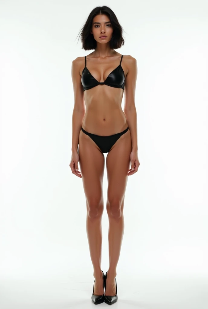 a woman in a black bikini top and black panties, black bikini, boutinela bikini, wearing two-piece swimsuit, black panties, sling bikini, bralette, model with attractive body, black swimsuit, smooth chest, costume: bikini, elegant and elegant smooth body, 3-piece, thin female figure, dainty fit figure, julia sarda, black bra