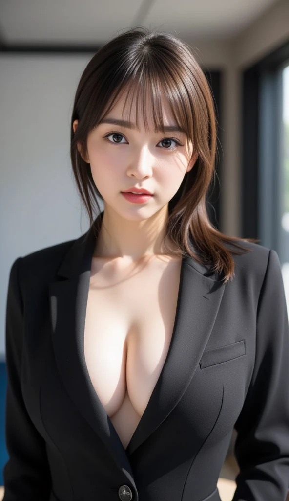 (masterpiece:1.30),(RAW photos:1.3), 
eyelash, double eyelid, gorgeous Makeup,Realistic and beautiful skin,
perfect anatomy, short pony tail,(cleavage,beatifull breasts,nipples,Slim Waist:1.4),professional Lighting,
(dynamic pose:1.2),Vibrant poster shot with office as backgroundblur background,(Stewardess,Stewardess Uniform,black school blazer,skin tight shirt,Glitter Eyeliner:1.3)