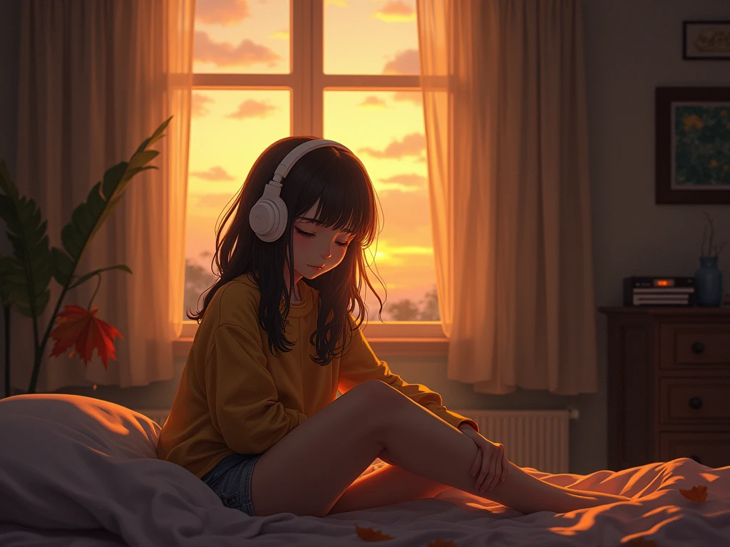 Beautiful girl sitting on sofa in room,One glass on the table,Wearing headphones,I can see the sunset from the window.,High resolution,Ghibli-style anime scene