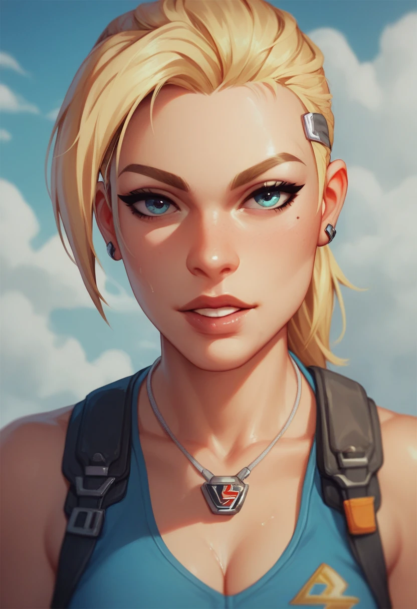 [[cute wasteland warrior]] disney pixar movie, 20 year old woman, disney artwork, blonde_hair, tank_helmet, leather jumpsuit, upper body, super detailed face, beautiful, looking at viewer, [open_mouth], smiling, red_liquid_splattered_on_skin, detailed eyes, 4k, high quality
