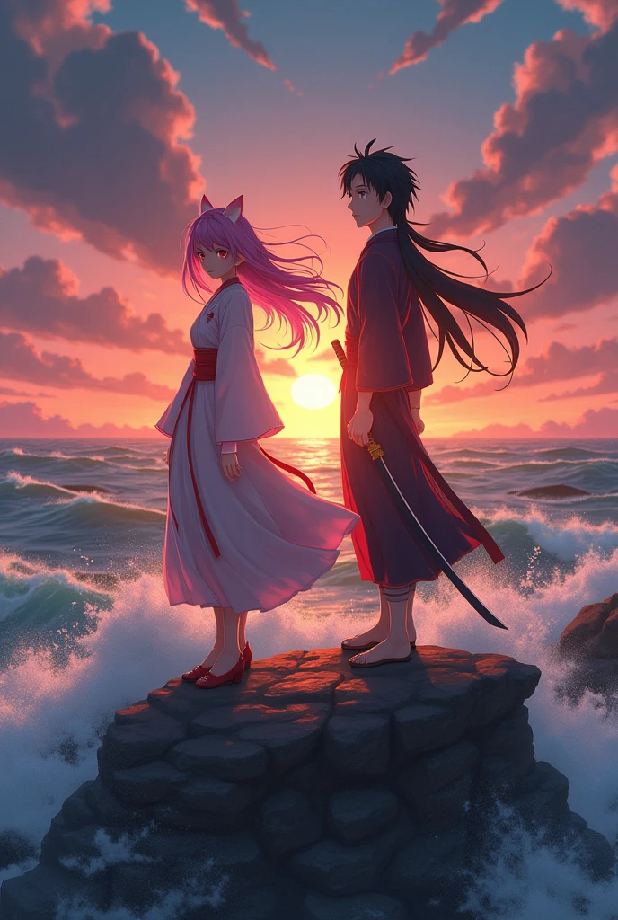 Create a stunning 4K animated scene featuring Nezuko Kamado and Tanjiro Kamado inspired by the style of Demon Slayer The scene takes place by the sea at dusk with the golden hues of the setting sun reflecting off the waves Nezuko in her demon form with bamboo muzzle stands gracefully on a rocky outcrop her long pink-tipped hair gently swaying in the wind while Tanjiro stands beside her holding his sword in a ready position The ocean's waves crash against the rocks around them and there’s a slight mist in the air that catches the last light of day The characters are animated with fluid motion their expressions intense yet calm showcasing their bond and resilience The sea should have a magical serene quality contrasting with the characters' determined and fierce nature The vibrant colors of the sunset and the deep blues of the ocean should complement the warmth of their personalities giving the whole scene an ethereal otherworldly feel