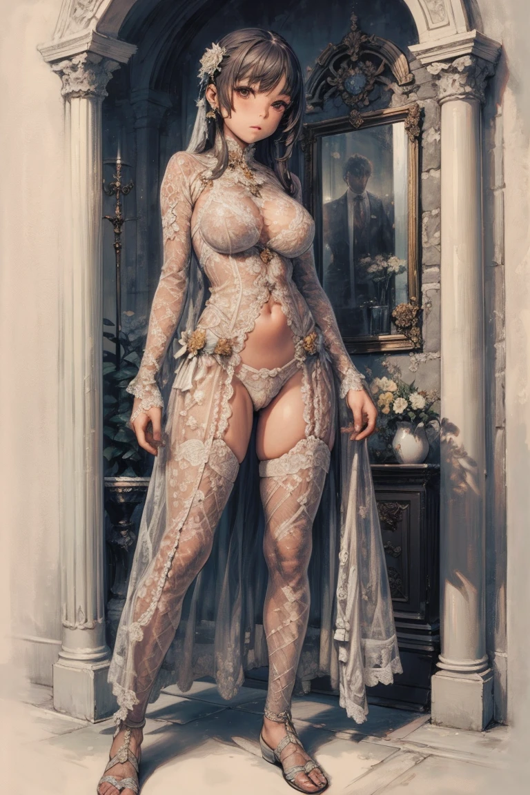  1 girl,  knight , shinobu jacobs, full body,  lower body naked, pubic hair, 8k,anime,  best quality, masterpiece,Realistic, photo-Realistic,  Big Breasts ,30yo, lac34rmor,lace,see-through 