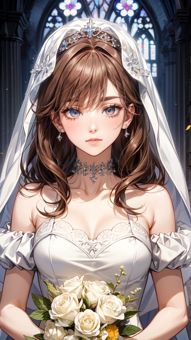 8k、top-quality、  super high definition  、 ultra-detailed、 anime-like 、  super high definition  、brown hair, brown eyes、 white prom dress、Bare shoulders、White Veil、bouquet、White choker、church、Half-closed eyes、Smile、