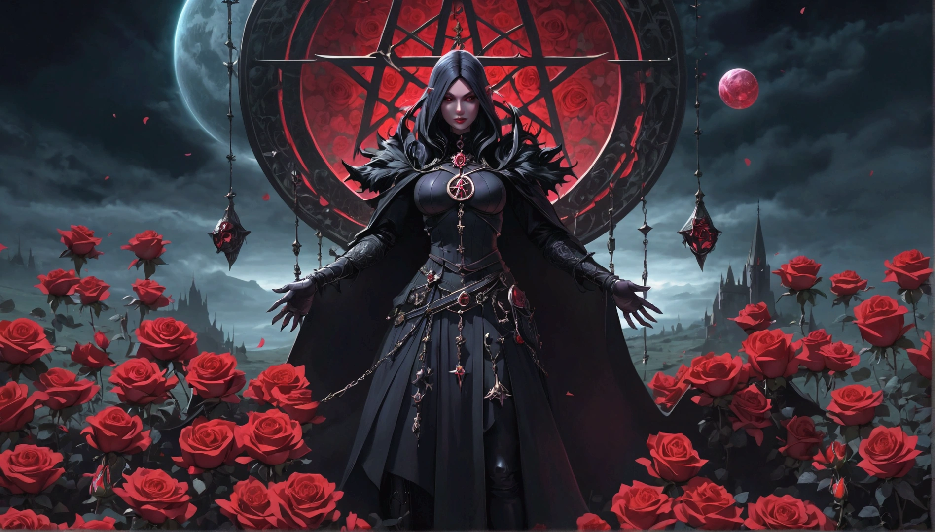 witch standing in a field of red roses with a pentagram, dark fantasy style art, gothic fantasy art, fantasy dark art, dark fantasy artwork, dark fantasy art, dark fantasy esoteric, abaddon and magali villeneuve, 4k fantasy art, dark fantasy character design, dark fantasy digital art, dark fantasy concept art, in style of dark fantasy art