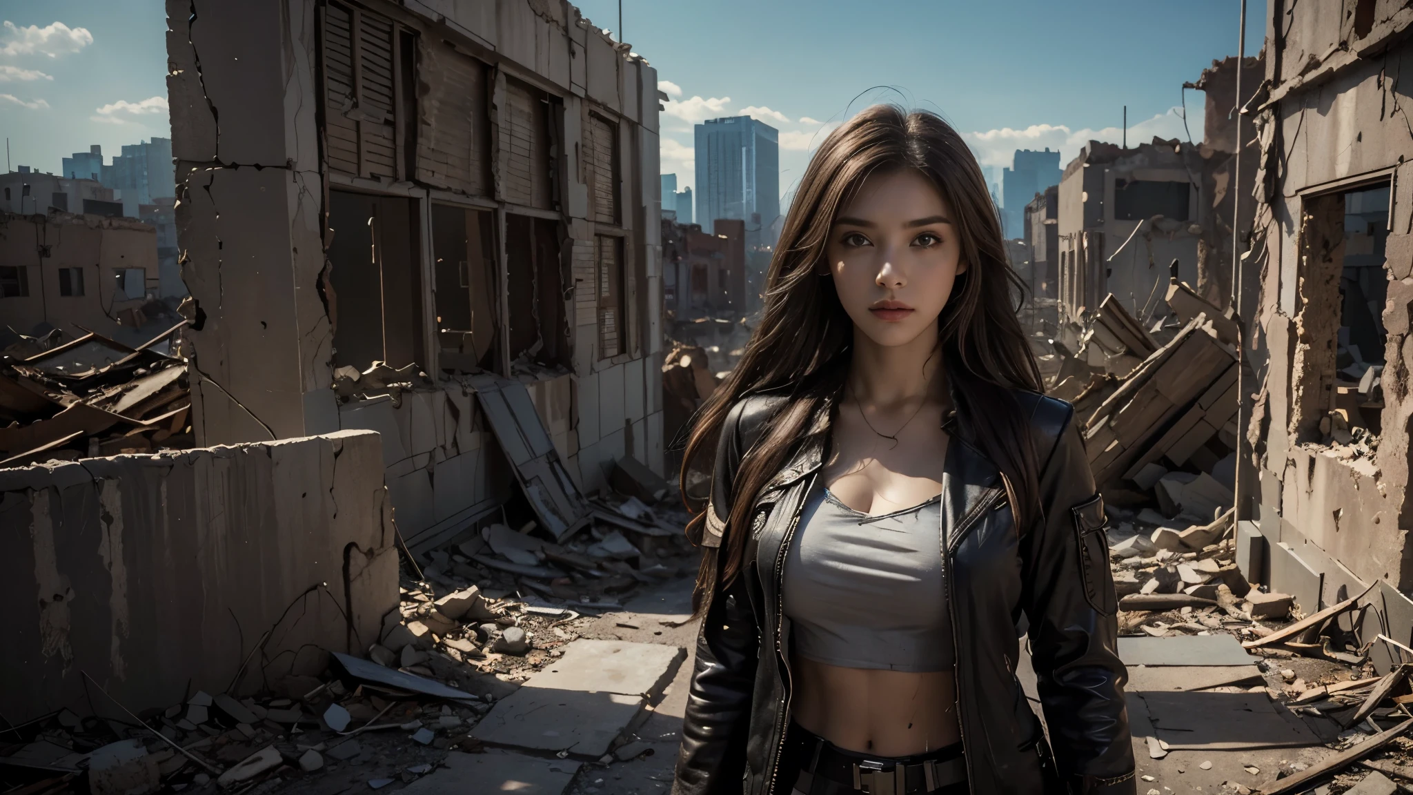 masterpiece, high resolution,8K,(Portrait Photos:1.5),(R Original Photo),Reality,Digital Photography,(Apocalyptic ruins ),City ruins,beautiful 20 year old woman,sentry, post-apocalyptic scene,Close-range photography, broken clothes