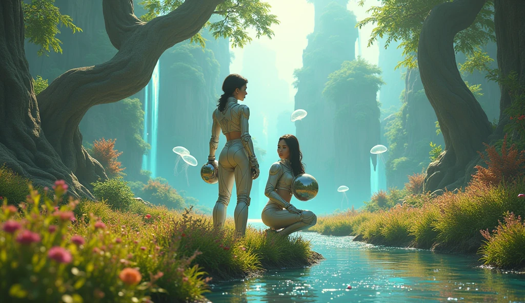 (masterpiece:1.3), (best quality:1.3), (ultra detailed:1.4), (ultra high res:1.4), (realistic:1.5), (photorealistic:1.5), (8k resolution:1.3), (extremely detailed:1.4), (cinematic lighting:1.3), (fantasy alien planet:1.2), (vibrant colors:1.3), (alien flora:1.3), (ethereal atmosphere:1.3), A breathtaking scene featuring a beautiful female alien standing on a stunning, fantasy alien planet. She has otherworldly features with iridescent skin, glowing eyes, and elegant, intricate patterns on her body that shimmer in the alien light. Her attire is a blend of futuristic and ethereal elements, flowing gracefully as she interacts with the exotic landscape. The planet’s surface is adorned with vibrant, bioluminescent flora, and surreal rock formations that defy earthly logic. The sky above is filled with multiple moons, nebulae, and a dazzling array of stars. The lighting is soft yet otherworldly, creating a dreamy, magical atmosphere. The scene is rendered with hyper-realistic detail, capturing the beauty and wonder of this alien world in 8k resolution