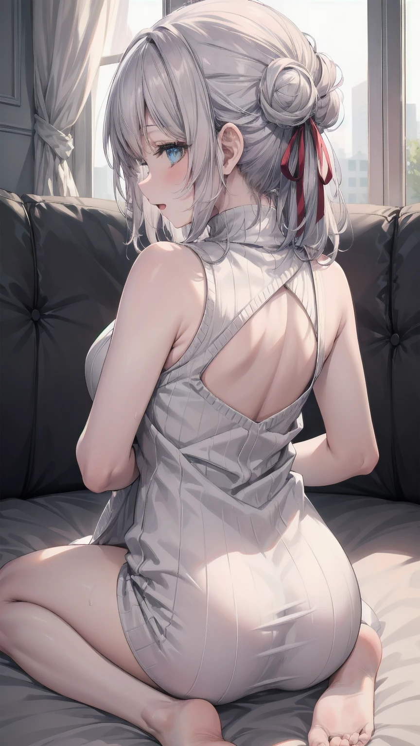  best quality、   Alisa Mikhailovna Kujo 、Long Hair, Grey Hair, hair intakes,    hair bow,   red ribbon,   blue eyes,   wet 、{{{masterpiece}}}, {{{ best quality}}}, {{Super detailed}}, {Illustration}, {{ extremely delicate and beautiful }}, 1 Female, Alone, (( back view)),  bottomless, Close up anal, close up of vagina, from below ,   doggy style , ((wariza)), Hair accessories,  dress,  bare shoulders, wariza,  sleeveless,  hair clips, Hair Bun, white  dress, sweater  dress,  Bare Arms, clothing cutout,  Double Bang,  sleeveless  dress,  turtleneck, ;d, Ribbed sweater,  turtleneck sweater  dress, heart Hair accessories,  white sweater,  sleeveless  turtleneck,  white sweater  dress,  sleeveless sweater,  clothes lift,  anus, 