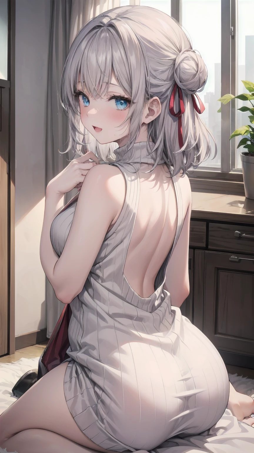  best quality、   Alisa Mikhailovna Kujo 、Long Hair, Grey Hair, hair intakes,    hair bow,   red ribbon,   blue eyes,   wet 、{{{masterpiece}}}, {{{ best quality}}}, {{Super detailed}}, {Illustration}, {{ extremely delicate and beautiful }}, 1 Female, Alone, (( back view)),  bottomless, Close up anal, close up of vagina, from below ,   doggy style , ((wariza)), Hair accessories,  dress,  bare shoulders, wariza,  sleeveless,  hair clips, Hair Bun, white  dress, sweater  dress,  Bare Arms, clothing cutout,  Double Bang,  sleeveless  dress,  turtleneck, ;d, Ribbed sweater,  turtleneck sweater  dress, heart Hair accessories,  white sweater,  sleeveless  turtleneck,  white sweater  dress,  sleeveless sweater,  clothes lift,  anus, 