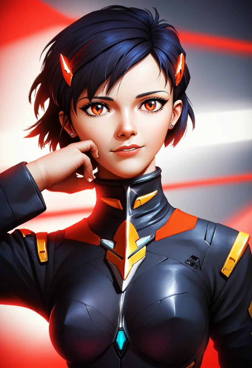 black darker skin woman, mecha pilot,cool normal cap,black short hair,black suit,red eyes, hair lisse, (best quality,4k,8k,highres,masterpiece:1.2), concept art, cinematic lighting, dynamic pose, dramatic colors, intricate detail, sci-fi