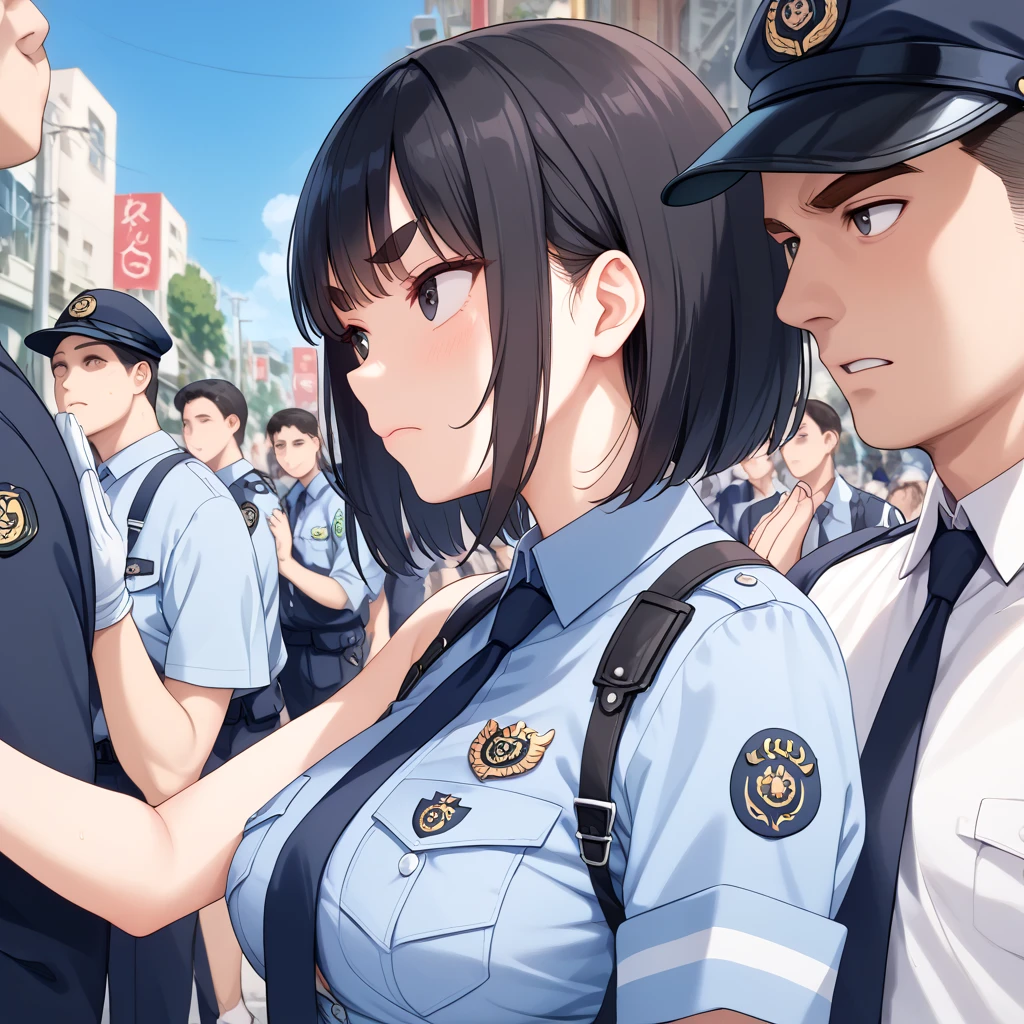 (best quality),(high resolution),crowded street,from side,zoom out,1 girl,1 man,girl is wearing a police uniform,She is ite frame and large breasts,girl is black hair and bob cut,girl is black eyes and Thick eyebrows,man is feceless male,girl and man face each other,face to face,girl is scowl