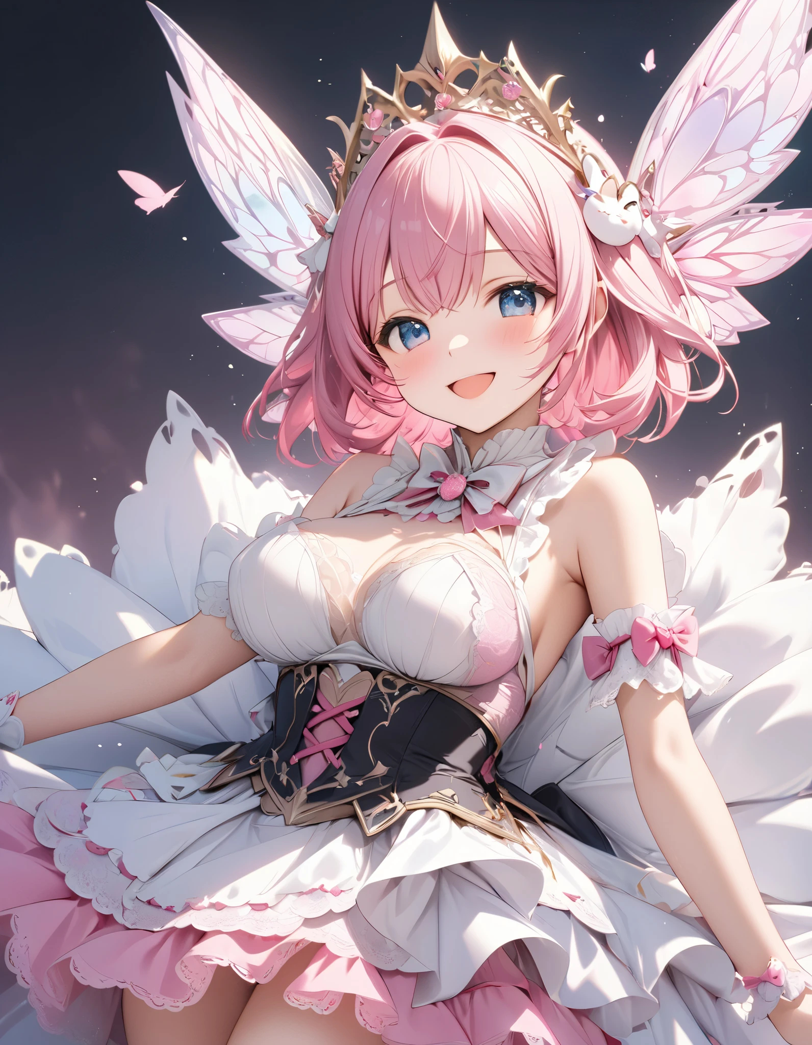 forest fairy,pixie cut,(((fairy wings:1.3))),(((The light of the orb envelops the fairy:1.3))),deep in the forest,sunlight,(((anime character:1.3))),Anime-like fantasy world,(((girl sitting:1.3))),(((reach out:1.3)),,flower hair ornament,,Disturbance of clothing due to movement,Breast flick,(((emphasize the chest:1.3))),(((Enhance your driving motion with motion blur effects:1.3))),(dynamic angle),(Dynamic and sexy poses),(leaning forward:1.3),big breasts,Blush with embarrassment,dream-like目,A smile that confuses the viewer,dream-like,professional lighting,realistic shadow,focus only,fold your hands behind your back,(((Accurate five-finger:1.3))),(((Detailed functions of fingers:1.3))),Detailed features of the garment,Detailed characteristics of hair,(table top,highest quality,Ultra high resolution output image,) ,(8K quality,),(Image mode Ultra HD,)