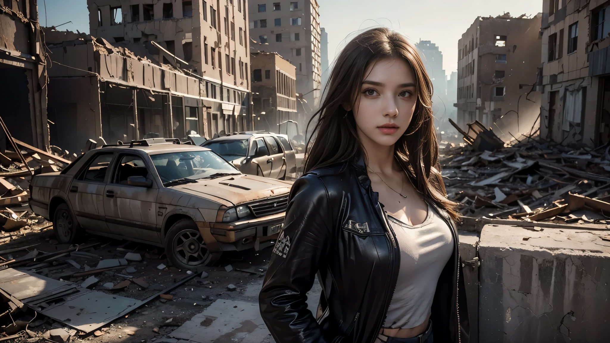 masterpiece, high resolution,8K,(Portrait Photos:1.5),(R Original Photo),Reality,Digital Photography,(Apocalyptic ruins ),City ruins，beautiful 20 year old woman，sentry， post-apocalyptic scene，Close-range photography， broken clothes