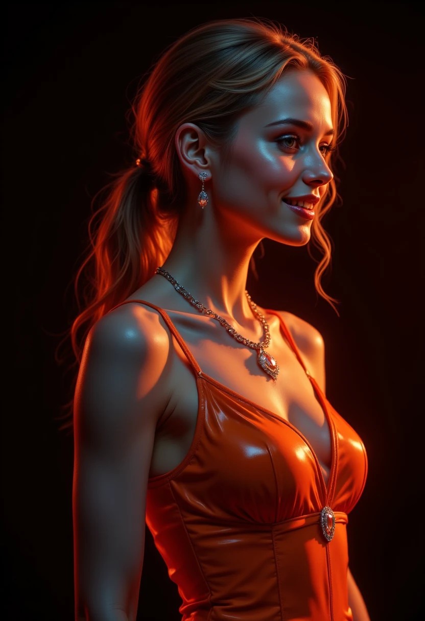 This striking image (combines playful pin-up and (precise retro comic) styles) creating stylized portrait of a 20-years-old woman bathed in vibrant neon hues, blending elements of elegance with a comic aesthetic. The woman stands facing the viewer in three-quarters, her feminine shapely yet curvy figure accentuated by a sleek, form-fitting dress that radiates in a brilliant orange, contrasting sharply with the cool gray tone of her skin. The (dress drapes smoothly along her shapely body, catching the light in a way that (emphasizes its texture and folds with meticulous shading) and the smooth features of her silhouette).  The lighting is very dim and dramatic, with (intense highlights and (shadows) that create a sense of depth and intrigue). Her hair is styled in a loose ponytail, with tendrils softly framing her face and catching the vivid light, creating an almost halo-like effect around her head. The neon glow of the orange light wraps around her form, casting delicate reflections that seem to blend seamlessly into the (deep black background), making her appear both ethereal and grounded. The contrast between the warm glow of the orange and the coolness of the gray gives the piece a dual-toned cinematic quality, reminiscent of comic book art style. Her expression is serene and smiley, with her head gently tilted and her arm resting on her hip, adding a touch of allure and sophistication, (faint smile:1.3). Powdered face, ((charming eyes)), long eyelashes, small ear, shiny earring, small neat teeth, necklace with a big shiny diamond which casts refractions on the chest. Straight noble posture, non-curved spine. The simplicity of the composition, combined with the striking color palette and precise lines, evokes a sense of both modernity and timeless beauty, as if capturing a moment suspended in time within a neon-lit dreamscape.  Realistic body proportions. 