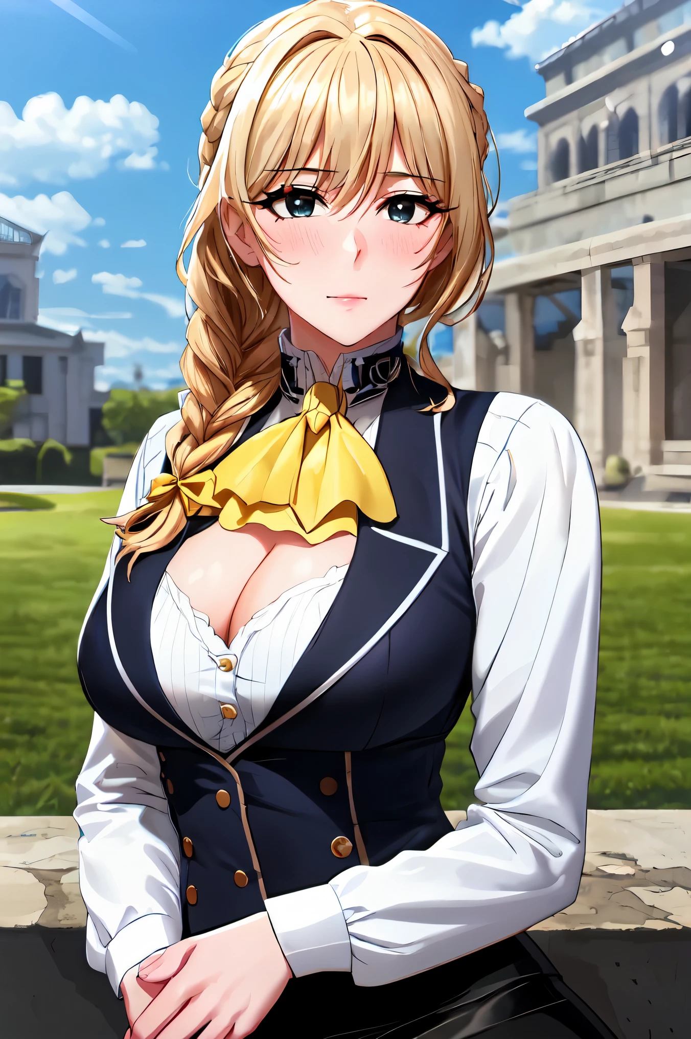 (sexy style), ((detailed hair, detailed eyelashes)), manhwa scene, 1girl, blush, guild girl, cloud, contrapposto, cowboy shot, day, nails, F size breasts, long hair, long sleeves, appearance in spectator, trash, outdoors, in the park, pants, black eyes, light blue hair, cleavage, BREAK skirt, shirt, long sleeve, white shirt, pantyhose, black skirt, vest, long skirt, yellow ribbon, ascot, ascot yellow, sky, solo, braid, single braid, upper body: 1.2, (( perfect face ) ), (Mature Face : 1.4), (beautiful face: 1.15), detailed eyes, very deep eyes, detailed fingers, (masterpiece), (highest quality), best quality, high resolution, 8K, highly detailed, Digital Art, (Highly Detailed Background:1.2), (realia!+AP background), (intricate detail), award winning, highly detailed, (illustration:1.1), (cinematic lighting), soft lighting, hands on knees, Sitting