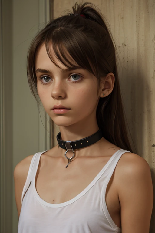  1 girl,  jahre, anorexic, extremely thin, emaciated , metal neck cuff ,  metal collar