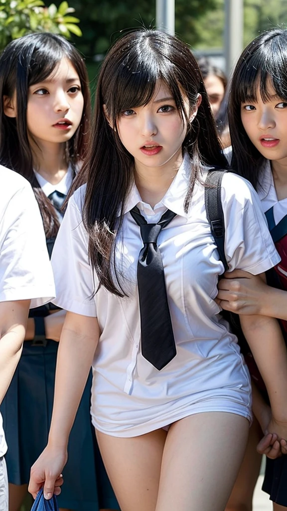 清楚な Japaneseの目がぱっちりした美人女子学生を物色する中年男性たち,   female students are suddenly taken off their school uniforms in front of the public and their sexy underwear is revealed , Female students who are being watched all at once by the public and horny viewers and screaming ,  Female students who are attacked head-on by molesters who are present and reveal an abomination by putting on a shameful face, Forcibly gang raping female students who are ashamed and put up with it :1.3,  nasty men who open their mouths and scream excited by the reaction of the female students ,   female students with a bad face when their underwear gets wet and hopeless due to shame , Short wavy bob hair, Vivid and realistic, blush, Distorted Eyes,  ultra high resolution, 2k,  clear white skin , Slender body,  Japanese,  anatomically correct 