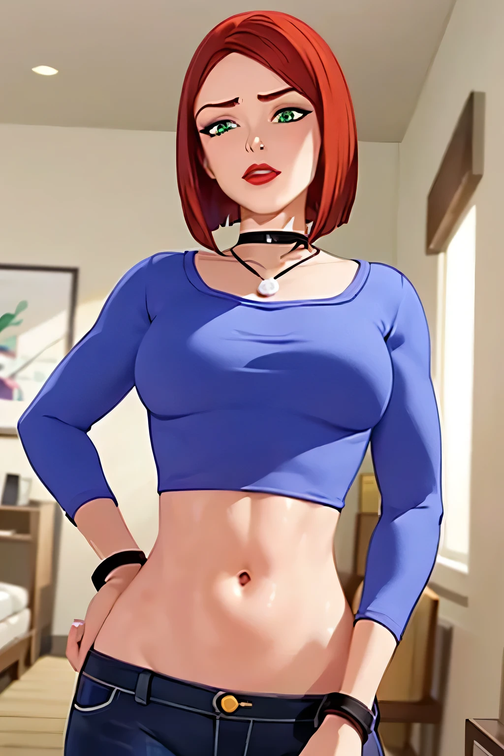 super fine illustration, vibrant colors, masterpiece, sharp focus, best quality, depth of field, looking down, cinematic lighting, ultra detailed, solo, 1girl, big bellybutton, large navel, tummy, choker, jewelry, necklace, black choker, blue shirt, crop top, long sleeves, black_pants, jeans, long pants, wristband, red hair, short hair, green eyes, makeup, lipstick, red lips, bob cut, lips, mature woman, indoors, small breasts, slim, slender, annoyed, hand on own stomach, skinny, blush,CARTOON_merry_jane_watson_SMTAS_ownwaifu, www.ownwaifu.com,upper teeth only, 