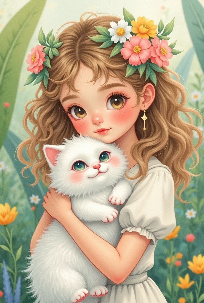 A cute girl with curly hair is holding her white cat in the garden. She has flowers on her head and green leaves around her. The watercolor painting has a soft pastel color palette and dreamy atmosphere. It is in the style of a cute, kawaii vintage illustration with a high resolution, high quality, and high level of detail. The full body portrait has sharp focus and is hyper realistic and hyper detailed in its photorealism. 