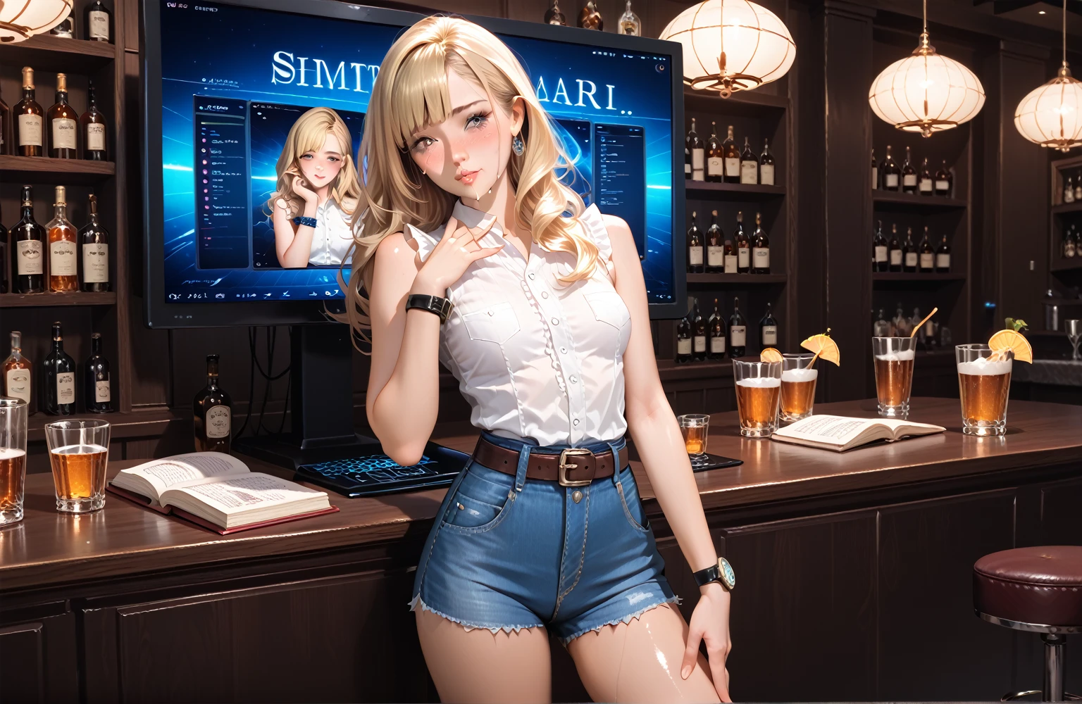 (Girl standing alone in the center of the screen :1.5),(masterpiece:1.3,  best quality), (Realistic, photoRealistic:1.4),  beautiful illustration ,(Wear a watch on your wrist :1.5),  Staring at the Audience , whole body, Front View:0.6, (  1 girl), Japan, ( small breasts,  small hips  ,  thin waist in an unmanned bar ,   attractive thighs ),(  shorthair :1.5),  asymmetrical bangs ,   let go of her lips , (   very tanned and shiny skin ),Thin Hair, Beautiful Hair,  facial beauty ,   high-resolution faces in luxurious guest rooms ,    beautiful eyes , Beautiful clavicle,  beautiful body,  Beautiful breasts,    beautiful thighs in a book  ,    Beautiful Legs with Tails ,   beautiful fingers  , (  Stunning views  ), (blonde:1.5),belt,  holding whiskey in one hand at an unmanned bar 、 denim super miniskirt, sleeveless denim shirt thin thighs,  Dark Eyes,    straight hair ,  split bangs that show arms,(Crying face:1.0),(blush:1.2), Girl standing alone in the center of the screen  ,( Lean forward:1.2)