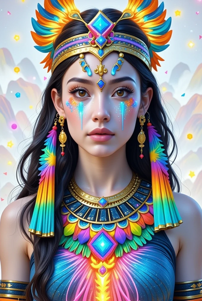 Super detailed high-quality 8K illustration of an Egyptian lady facing forward, with a full view of her face adorned with intricate war paint. Her white face contrasts beautifully with vibrant, bright colors in the war paint, creating a magnificent and enchanting masterpiece. The background is pristine white, allowing the detailed light and shadow effects to accentuate every element on her face and headpiece. The scene has a fantastical, almost mythical quality, combining simplicity with hidden meanings within its vibrant beauty. Light and shadow play smoothly across her features, creating a photorealistic, 3D-rendered effect that leaves no detail unnoticed. Painting, vibrant, photo, illustration. Created by Sasan