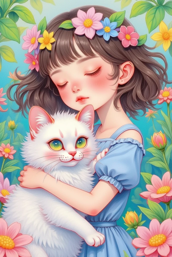 A cute girl with curly hair is holding her white cat in the garden. She has flowers on her head and green leaves around her. The watercolor painting has a soft pastel color palette and dreamy atmosphere. It is in the style of a cute, kawaii vintage illustration with a high resolution, high quality, and high level of detail. The full body portrait has sharp focus and is hyper realistic and hyper detailed in its photorealism. 