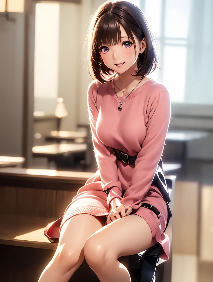   high definition  ,In 8K, best quality , Details,Semi-realistic anime, D-anime style, Smooth Anime CG , one girl , 19-year-old Japanese woman,slim,modeling,((Sparkling Eyes)),(( very short hair)),(( short bob)),(Maroon Glowing Hair ),((No bangs))、((hair intakes)),(forehead), pink lips, Shiny brown hair,(( Gargoyle plaid dress with bright personality )),((( brown and white rhombus check knit dress with a bright personality))),((明るい性格の)),((( Jodie Foster))),((Thighs)),(( pull the gun out of the leg holster )), Detailsな顔,Beautiful and  Details,((深い青紫色のSparkling Eyes)),(Open your mouth),(Laughter),(( beautiful silhouette )),(((cut in leg holster))),